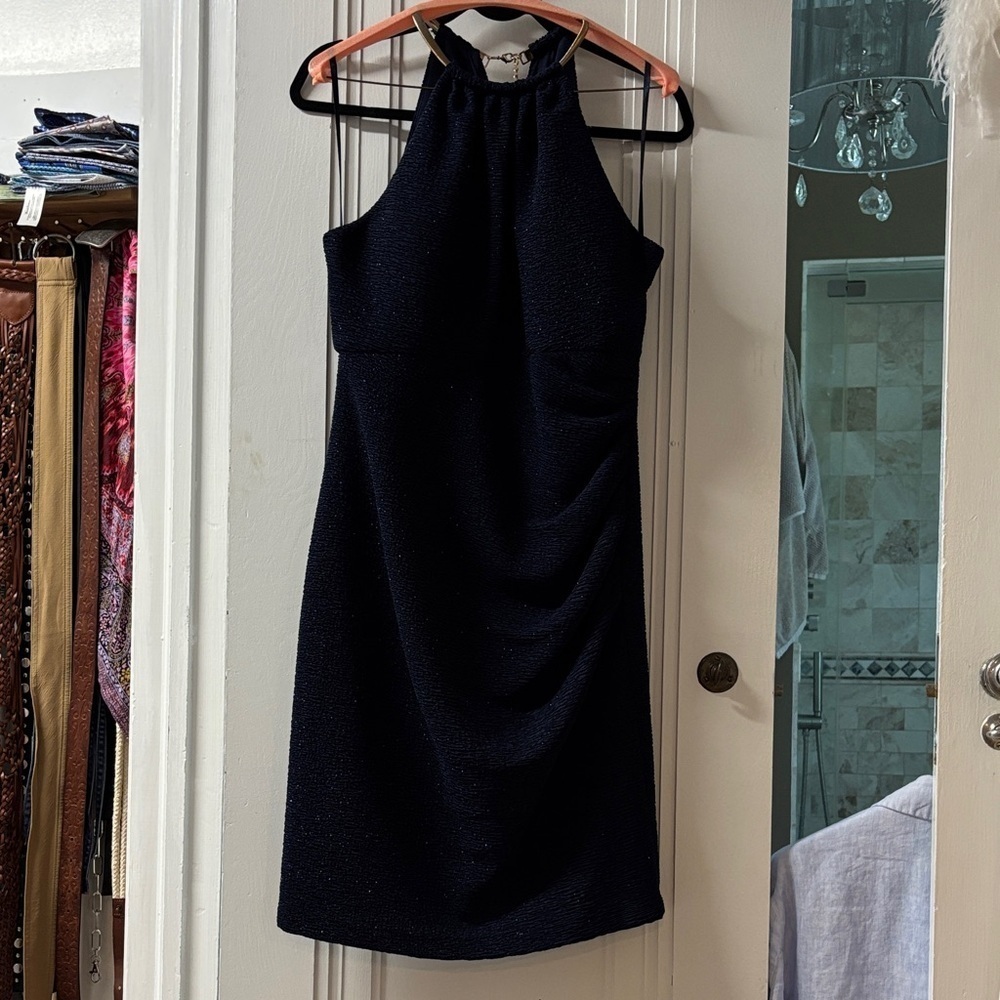 Eliza J. Elegant blue Halter Dress with gold accent